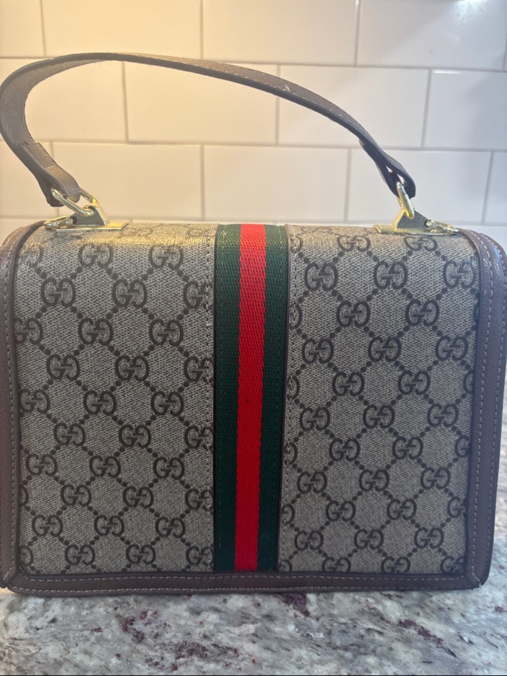 NOT A Gucci Brown GG Supreme Satchel with Green and Red Web Stripe - Picture 2 of 5